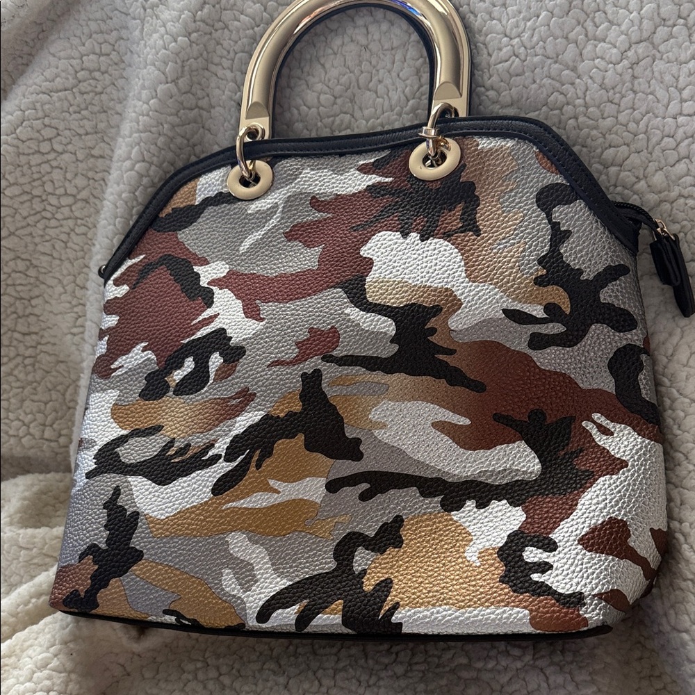 Chic Camouflage Satchel with Gold Handles